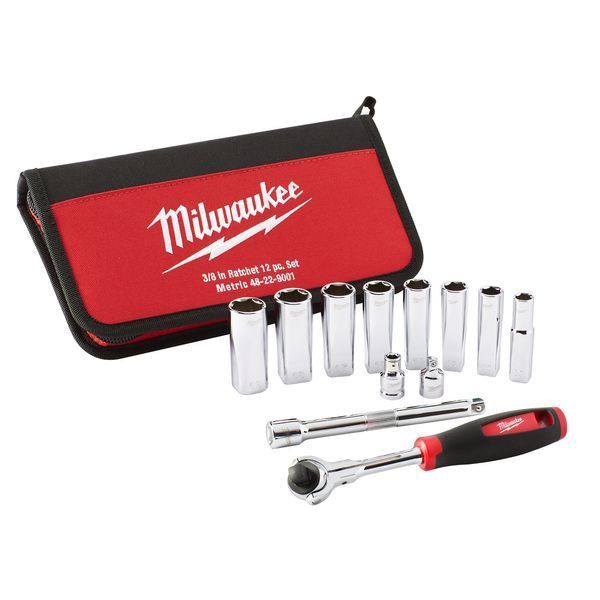 Набір головок торцевих хромованих 3/8" TRADESMAN MILWAUKEE з тріскачкою (12шт) в трикотажному чохлі (заміна на 4932501196) 48229001 фото