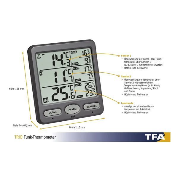Термометр цифровий TFA Trio 2 зовнішніх радіодатчика 116х24х126 мм 30306210 фото