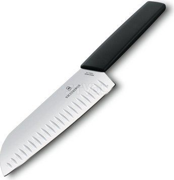Ніж кухонний Victorinox Swiss Modern Santoku Fluted, 17 см, чорний, блістер 6.9053.17KB фото