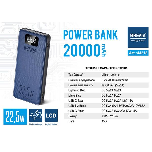 Повербанк (Power Bank) Brevia 20000mAh 22,5W Li-Pol, LCD 44218L фото