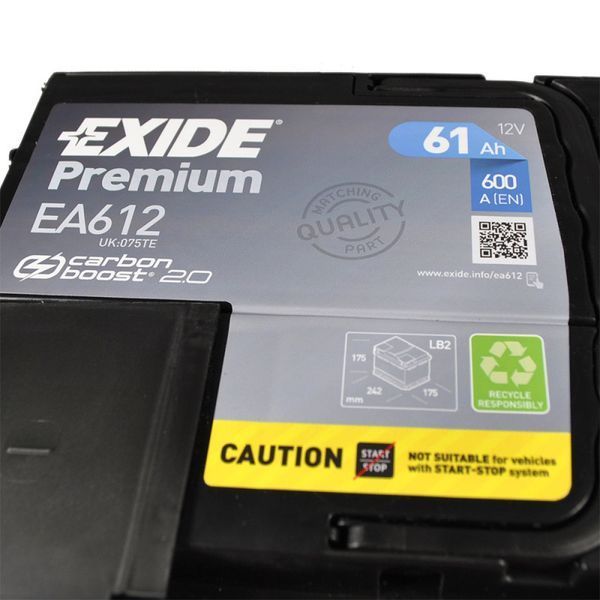 Автомобильный Аккумулятор EXIDE Premium Carbon Boost 6СТ-61Ah АзЕ 600A (EN) EA612 (76101) СТ-00118749 фото
