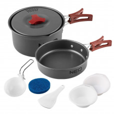 Набір посуду туристичного Neo Tools, 7в1, каструля, сковорода, 2 тарілки, половник, лопатка, губка, сертифікат